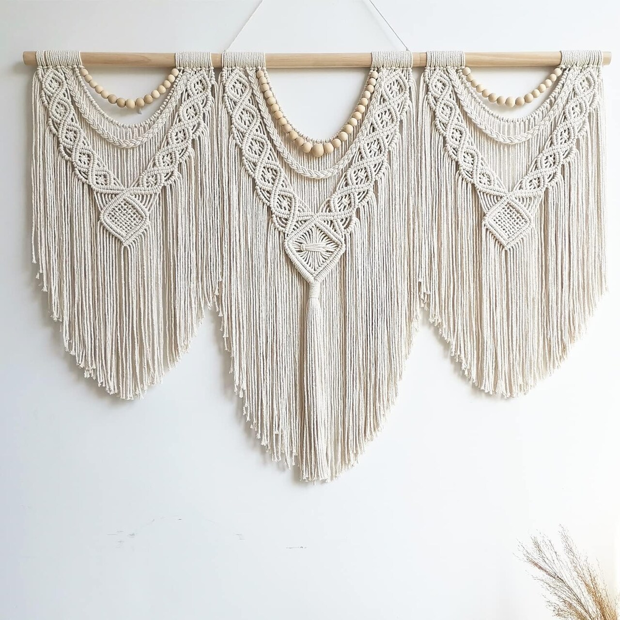 Large Macrame Wall Hanging Boho Woven Tapestry with Wooden Beads, Handmade Chic Bohemian Wall Decor for Bedroom, Living Room, Apartment, or Wedding & Party Decorations, 43" x 32"